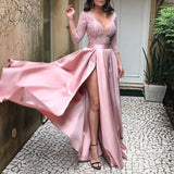 2022 Spring Autumn Floor Length Long Party Dress Elegant Lady Lace Sexy Split Satin Maxi Dress Plus Size