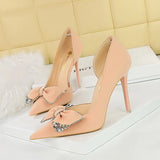 Zingj Korean Version Of Fashion High Heels With Super High Heel Shallow Mouth Tip Side Hollow Water Diamond Bow Single