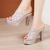 High-Heeled Slippers Summer 2023 New Fashionable Thick-Soled Net Slippers Large Size Slippers Wear Thick