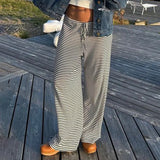 Hit Color Striped Knitted Casual Pants Commute Daily Lazy Feeling Loose Straight Tube Wide-Legged Trousers Girls