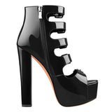 Onlymaker Women's Platform Buckle Belts Chunky 15~16cm Round Heel Peep Toe Black and Red Fashion Zipper Sandals For