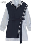 Women's Two Piece Outfits Korean Streetwear Style Striped Shirt Dress And Knitted Vest Belt Female 2023 Autumn Casual
