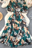 Bohemian Women Floral Print Pleated Midi Dress Elegant Round Neck Puff Sleeve High Waist A-Line Draped Beach Vestidos