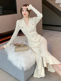 Dress 2024 Autumn/Winter New French Style Single Breasted Fish Tail Knit Dress Fashion Hollow Out Stretch Knit
