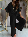 Standing V-Neck Bat Sleeve Top Sleeves Casual Trousers Set