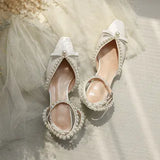 Zingj Summer New French Middle Heel Baotou Sandals Women's Thick Heels With Pearl High Heels Fairy Wedding