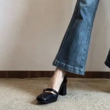 Zingj Jane High Heels Women's Fall 2023 New Thick Heel Square Head Black Small Leather Shoes With Shallow Single