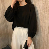 Long Sleeve T-shirts Women Basic Tops Lantern-sleeve Baggy Tshirts O-neck Preppy Style Casual Candy Colors Korean
