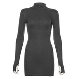 winter stretch Slim Soft Ribbed Knitted turtleneck dress woman 2023 fashion solid black casual bodycon Zip