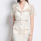 Luxury Gold High-End Feeling Short-Sleeved Dress Women's Summer Hollow Hook Flower Embroidery Suit Collar Temperament Cum