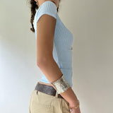 Zingj Hot Girl Simple Blue Striped Shirt Polo Collar Waist Versatile Single Breasted Casual