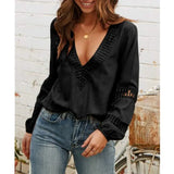 Women Long Sleeve Blouse Shirt Casual Ladies V neck Lace Hollow Out Office Shirts Tops Pullover Tops
