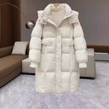 Autumn Winter New Station Hooded Down Jacket Female Long Style Reduce Age Thickening Warm White Duck Down Coat Tide-Outfit