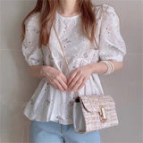 Vintage Embroidery Hollow Out Blouse Women Lace Flower Short Puff Sleeve Blusas White Shirts Summer Tops All Match