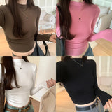 Girls Slim And Slim Long-Sleeved T-Shirt Women's Autumn New Half-High Collar Short Pleated Bottomed