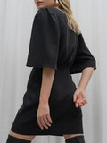 Luxury black short sleeve summer women dress Sexy V-neck solid High Street dress Elegant A-line ladies mini