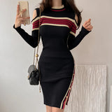 Zingj New Half-High Collar Design Bare Shoulder Slim Knitted Dress Stripe Color High Waist Slit Hip
