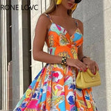 Women Elegant Spaghetti Straps A-line V Neck All Over Print with Abstract Pattern High Silt Maxi Beach Party Sexy Vacation