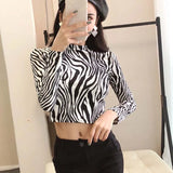 High Neck Leopard Print Fitted Pullovers Long Sleeve Tee Shirt Autumn Casual Women