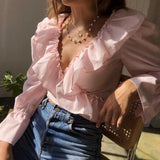 Lady Fashion Ruffled V-Neck Crop Top Long Puff Sleeve Blouse Woman Casual Shirt Tops Autumn Clothes Female Plus Size