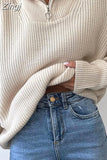 Women's Zipper Sweater Oversize Warm Green Pullovers Long Sleeve Solid Polo Jumper Casual Thick Knitted Sweaters for