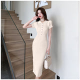 Zingj Real Shot Is Pure, Stylish, Sexy, Slim, Thin, Lapel, Short-Sleeved, Knitted, Buttocks, Fishtail Dress, Summer