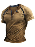 Summer Casual Short Sleeve T-shirt Men Vintage Button O-Neck Loose Pullover Tops Fashion Pattern Printed Tee Men