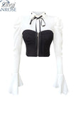 Black Chiffon Shirt Long Sleeve Tops Fashion Sexy Underbust Corset Women Bustier Tube Patchwork Fishbone Crop Tops 2023