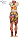 Colorful Print Women Two Piece Tracksuit Set Sleeveless Bare Midriff Top+High Waist Leggings Matching