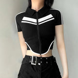 Black-And-White Color Matching Function Wind Zipper Short-Sleeved T-Shirt Street Trend Slim Hot Girl Navel Blouse