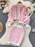 Autumn Knit Plaid Cardigans + Camisole + Skirts 3pcs Sets Korean Short Sweater Coat + Vest + Mini Skirt Suits Women