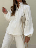 Women Elegant White Flared Pants 2 Piece Set Fashion Loose V Neck Lantern Sleeve Buttons Shirt Suits Summer Office Lady