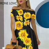 Women Elegant Slash Collar Folds Sunflower Pattern Cold Shoulder A-line