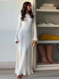 Solid Flared Sleeves Lace Maxi Dress Lady Backless Lace Up Long Vestidos Female Casual Streetwear Club Party