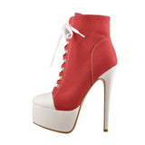 Onlymaker Women's Canvas Platform Lace Up Ankle Boots16cm High Heel Side Zipper Plus Size Fashion Sexy Stiletto