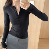 Single-Breasted White Long-Sleeved T-Shirt Women's Autumn New Stretch Slim Minority Bottomed