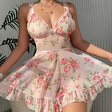 Pink Printed Mesh Night Dress Lingerie- Outfit