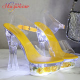 Square Heels Glowing Sandals Women Summer LED Flowers Transparent High Heels Shining Platform Thick Heel Ladies Banquet