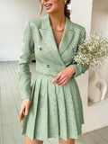 Elegant a-line pleated two piece suit sets women Office lady v-neck button mini skirt set lapel Spring crop blazer