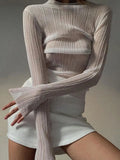 Fall Elegant See Through Long Sleeve Mock Neck Women Tops Fashion Streetwear Sexy T-Shirts Tees Slim