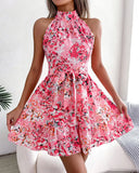 Zingj Hot Style Summer Sleeveless Flower Hanging Neck Waist Dress