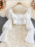 Two Piece Set Women 2024 Summer New High Street Fashion Sexy French Outfits Navel Blouses + Solid Wild Ruffles