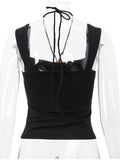 Black Square-neck Halter Tank Top Sexy Slim Pleated Backless Summer Crop Tops 2023 Women Sleeveless Bodycon