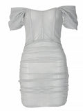 Bright Silk Off Shoulder Pleated Dresses Sexy Short Sleeve Elastic Waist Women Clothing Strapless Backless Sheath