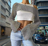 Zingj New Women's Hand Hook Sweater Women's Casual Ultra-Short Horn Sleeve Sexy Grid Smock