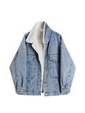 Women Lamb Wool Jean Jacket Korean Vintage Single Breasted Fleece Denim Coat 2023 Winter Fashion Casual Warm Thickened