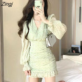 Women Mini All-match Green Print Ulzzang V-neck Casual Spring Simple Female Student Chic Club Style All-match