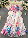 Series Holiday Dress Women's 2024 New Design Feeling Printed Lotus Leaf Edge One Word Shoulder-Length Chiffon