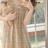 Women Plaid Sweet Lovely Summer Sleeveless Knee-length Casual Fashion Ulzzang Ladies Clothes Daily Summer