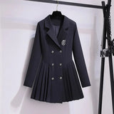 College Blazer Short Dresses Women 2023 Spring Autumn Double Breasted Long Sleeves Pleated Korean Casual Female